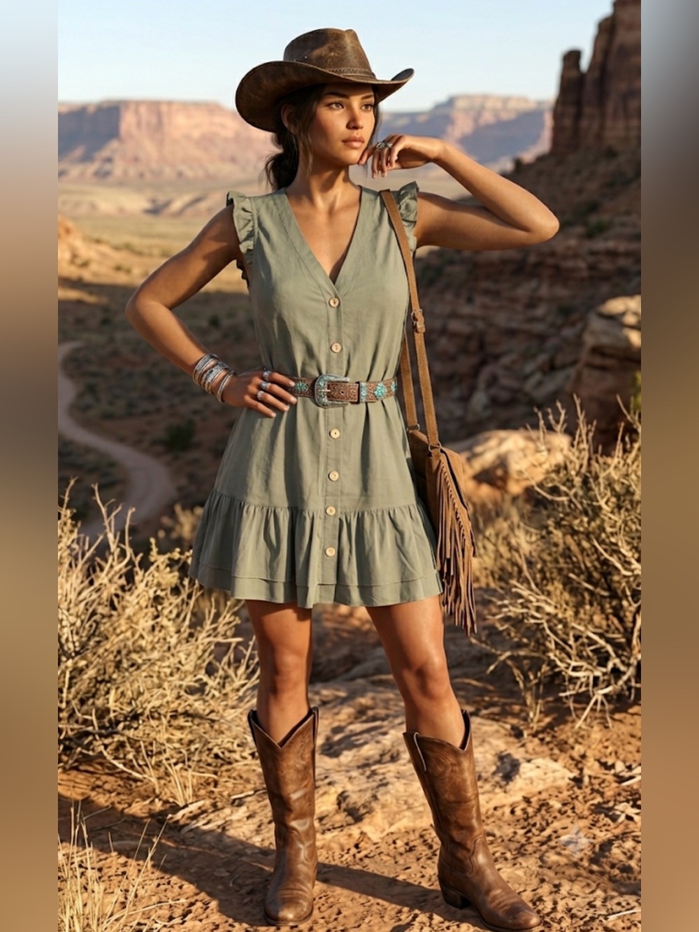 Sleeveless Sage Button-Front Ruffle Hem Dress